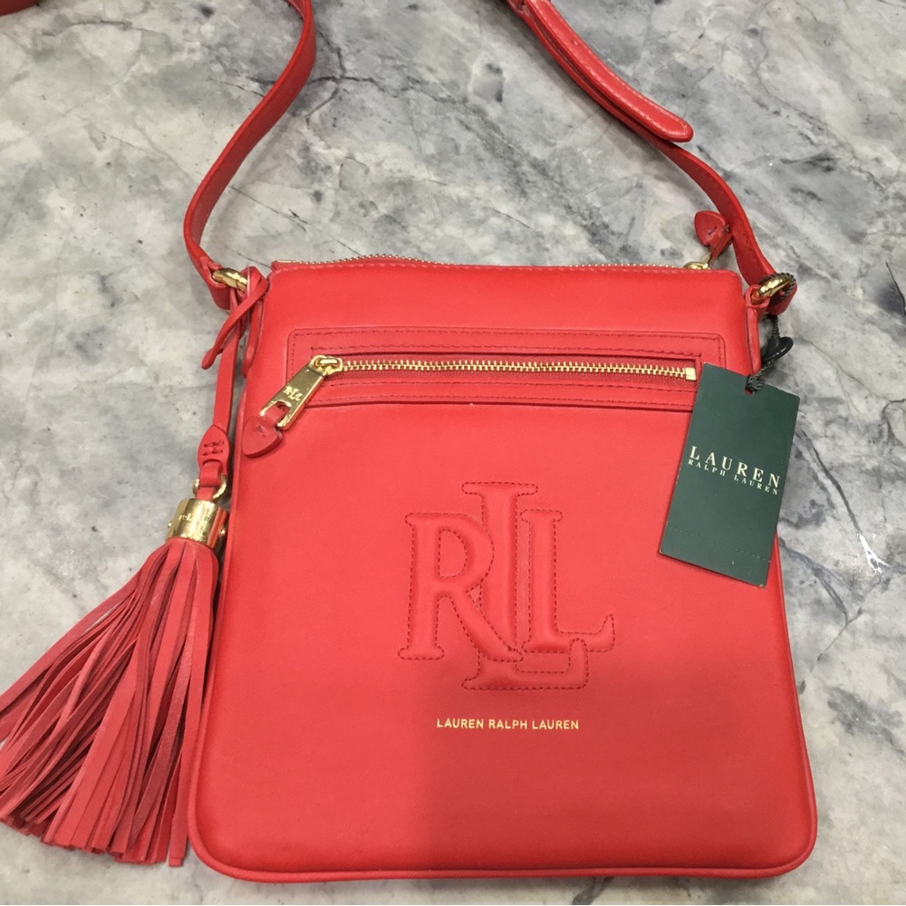 Genuine Red Leather Ralph Lauren Cross Body Shoulder Bag